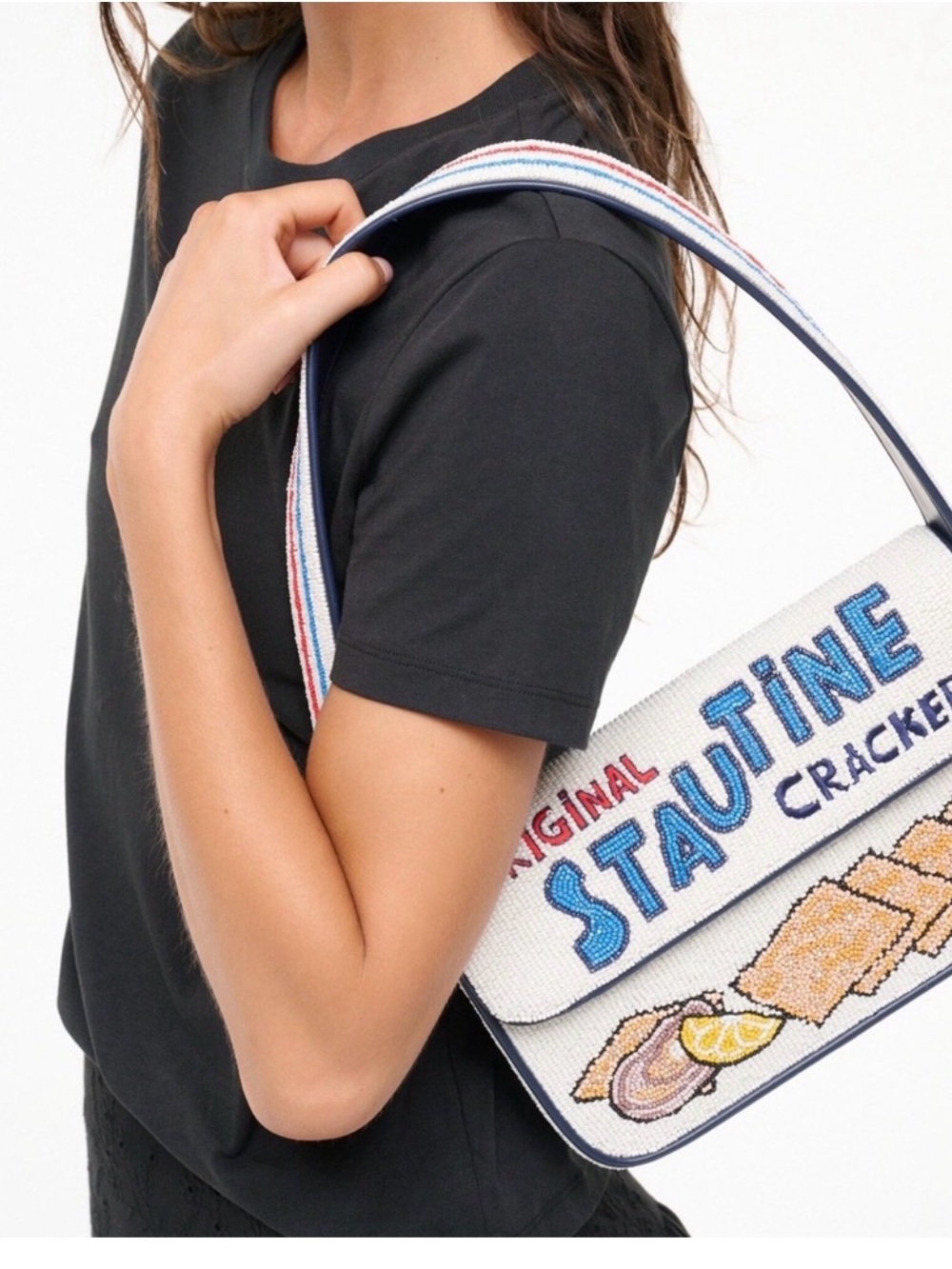STAUD White Beaded "Stautine Crackers" Shoulder Bag with Blue Lettering - Picture 4 of 4